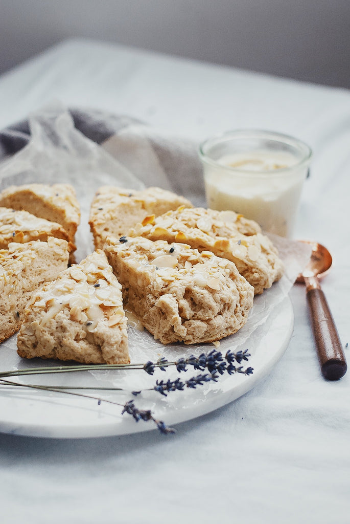 Toasted Almond Cream Scones with Lavender Honey Butter - shop raw honey online in canada