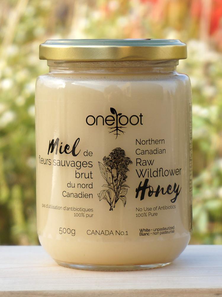 500g jar of OneRoot Canadian Raw Wildflower Honey, labeled as 100% pure and unpasteurized, with no use of antibiotics, against a natural backdrop